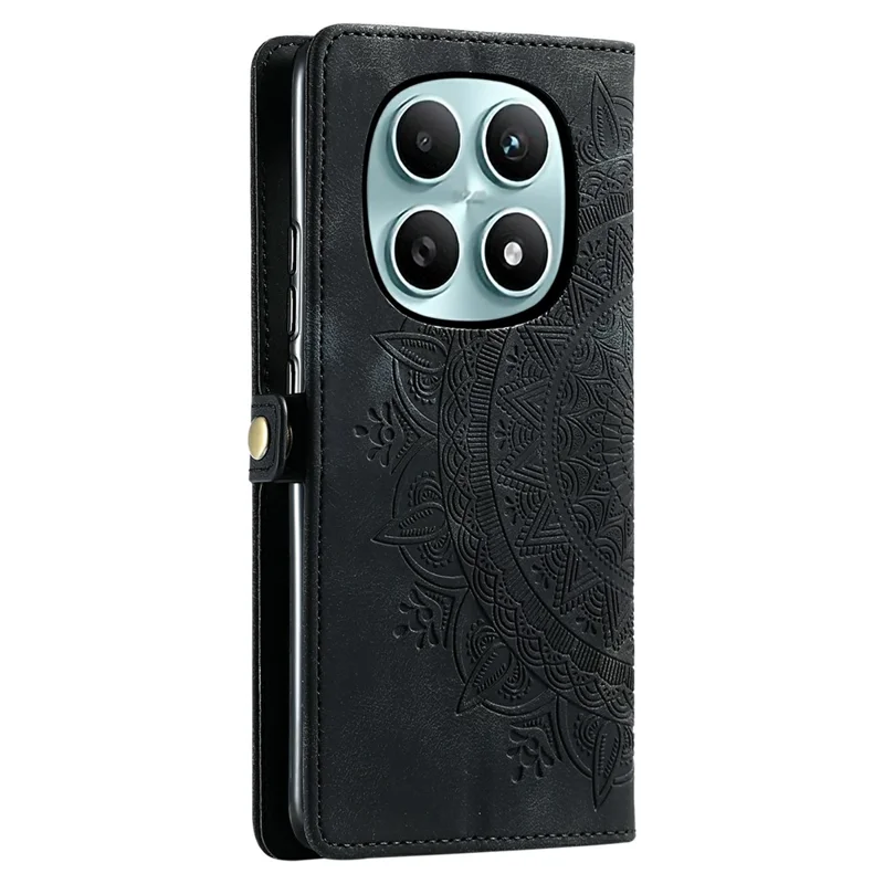 For Xiaomi Redmi Note 15 5G (Global) Case Skin Feel Totem Imprinted Wallet Leather Phone Cover with Hand Strap - Black