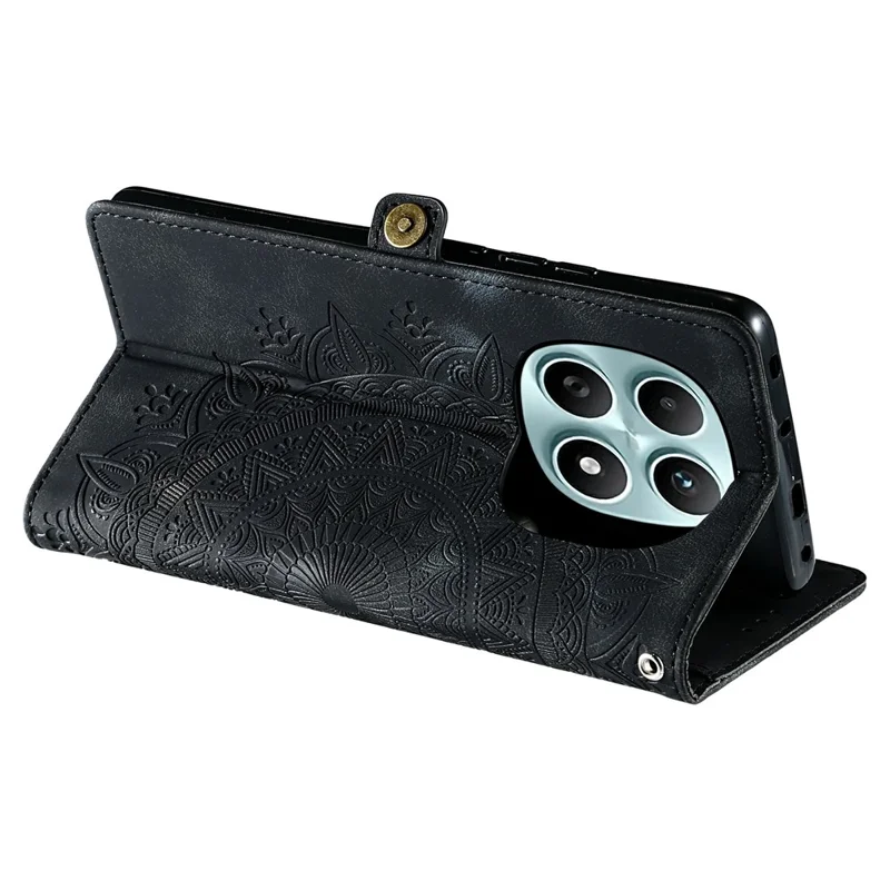 For Xiaomi Redmi Note 15 5G (Global) Case Skin Feel Totem Imprinted Wallet Leather Phone Cover with Hand Strap - Black