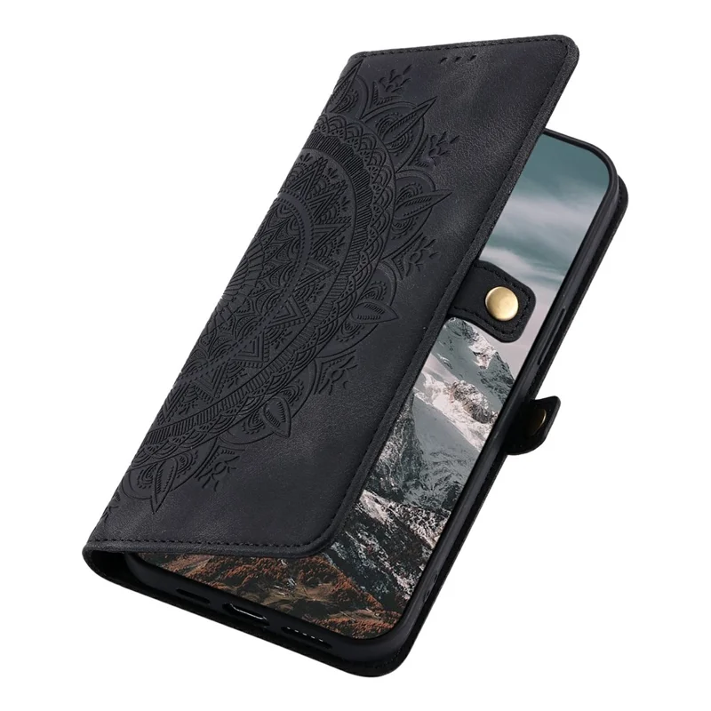 For Xiaomi Redmi Note 15 5G (Global) Case Skin Feel Totem Imprinted Wallet Leather Phone Cover with Hand Strap - Black