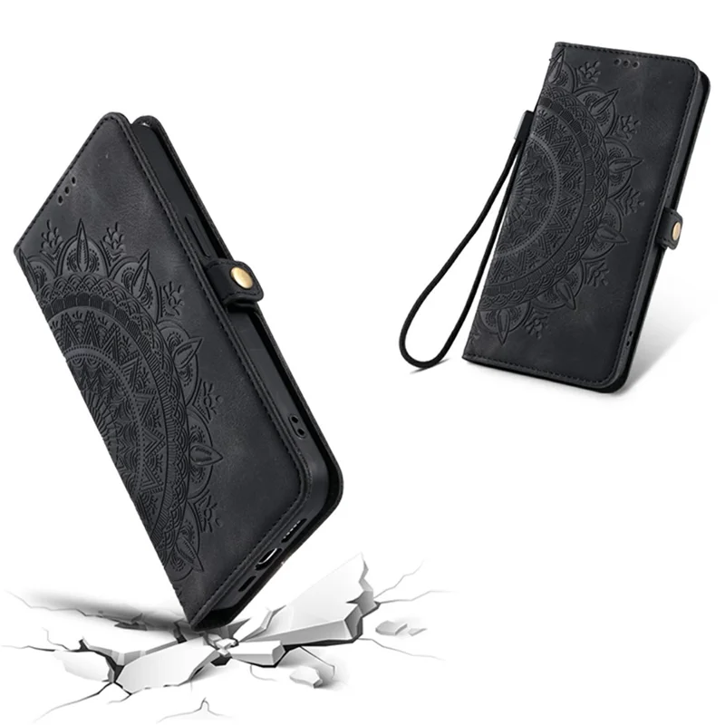 For Xiaomi Redmi Note 15 5G (Global) Case Skin Feel Totem Imprinted Wallet Leather Phone Cover with Hand Strap - Black