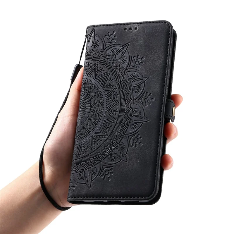 For Xiaomi Redmi Note 15 5G (Global) Case Skin Feel Totem Imprinted Wallet Leather Phone Cover with Hand Strap - Black