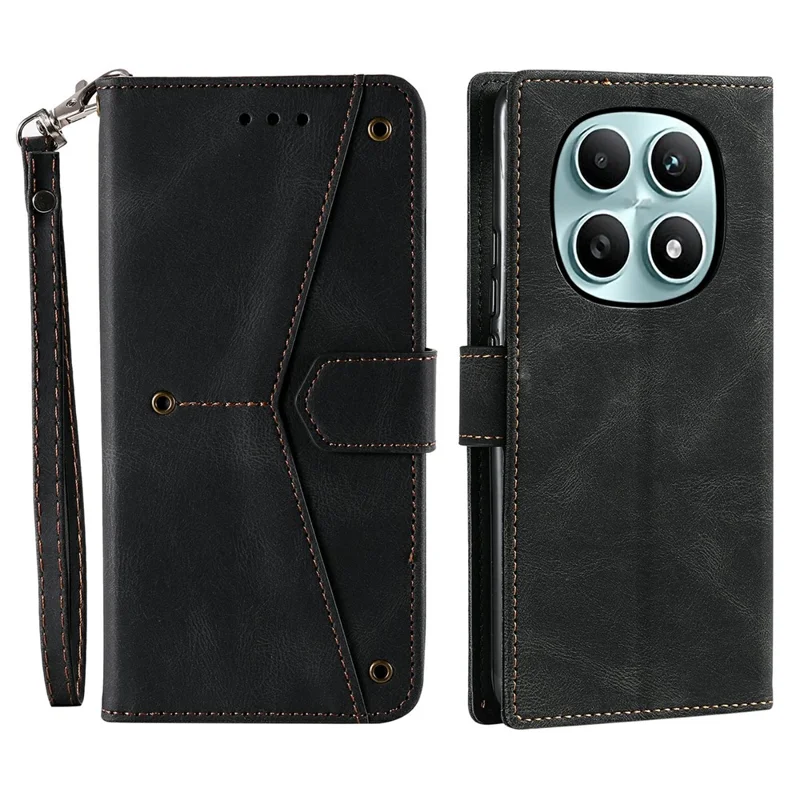 For Xiaomi Redmi Note 15 5G (Global) Leather Case Splicing Stitching Wallet Phone Cover with Wrist Strap - Black
