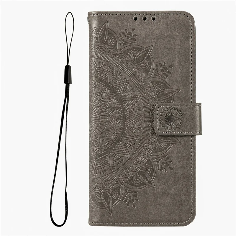 For Xiaomi Redmi Note 15 5G (Global) Stand Case Imprinted Totem PU Leather Wallet Phone Cover with Wrist Strap - Grey