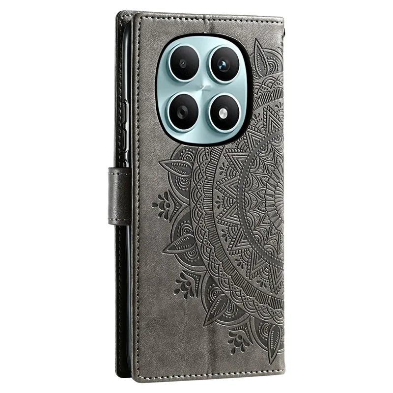 For Xiaomi Redmi Note 15 5G (Global) Stand Case Imprinted Totem PU Leather Wallet Phone Cover with Wrist Strap - Grey