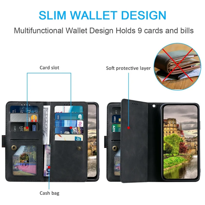 For Xiaomi Poco M8 Pro 5G / Redmi Note 15 Pro+ 5G (Global) Case 9 Card Slots Zipper Wallet PU Leather Phone Cover with Wrist Strap - Black