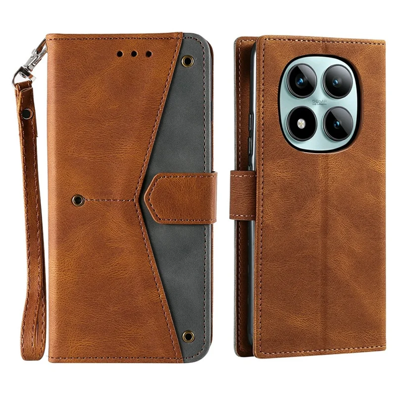 Voor Xiaomi Redmi Note 15 Pro+ 5G Leren Hoesje met Steeknaden Portemonnee Telefoonhoes met Polsbandje - Bruin