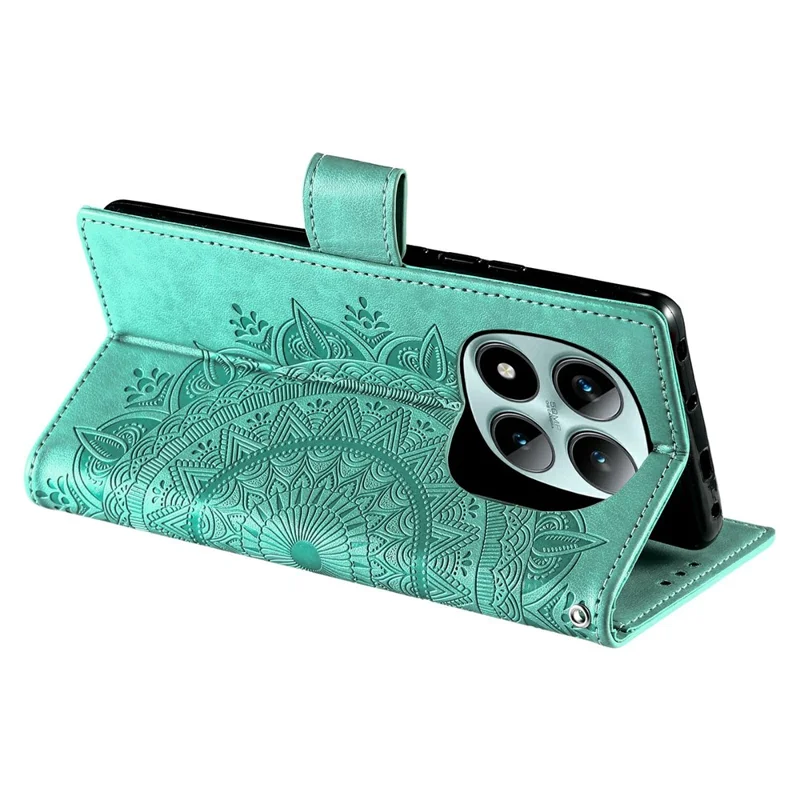 Stående kuvert til Xiaomi Redmi Note 15 Pro+ 5G med præget totem i PU-læder og tegnebogsdækning med håndledsrem - Mintgrøn