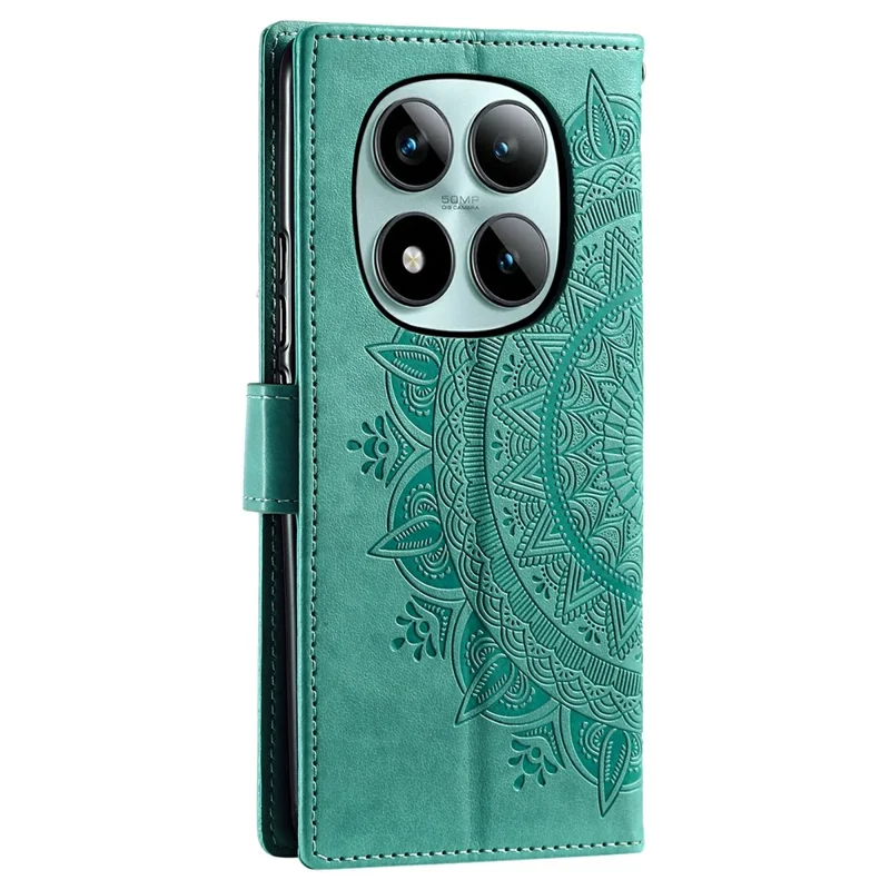 Stående kuvert til Xiaomi Redmi Note 15 Pro+ 5G med præget totem i PU-læder og tegnebogsdækning med håndledsrem - Mintgrøn