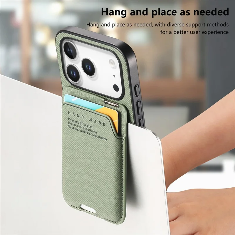 For iPhone 17 Pro Case Cloth Texture Leather + PC + TPU Phone Cover with Card Holder Kickstand - Green