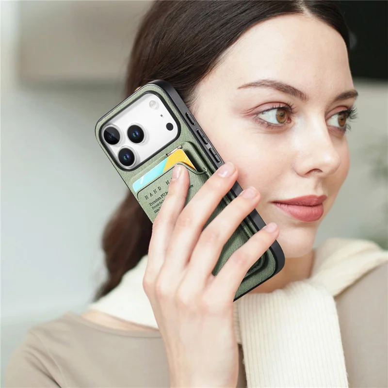 For iPhone 17 Pro Case Cloth Texture Leather + PC + TPU Phone Cover with Card Holder Kickstand - Green