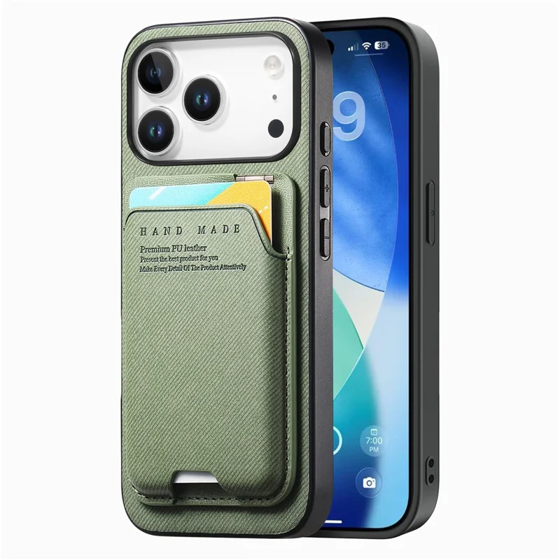 For iPhone 17 Pro Case Cloth Texture Leather + PC + TPU Phone Cover with Card Holder Kickstand - Green