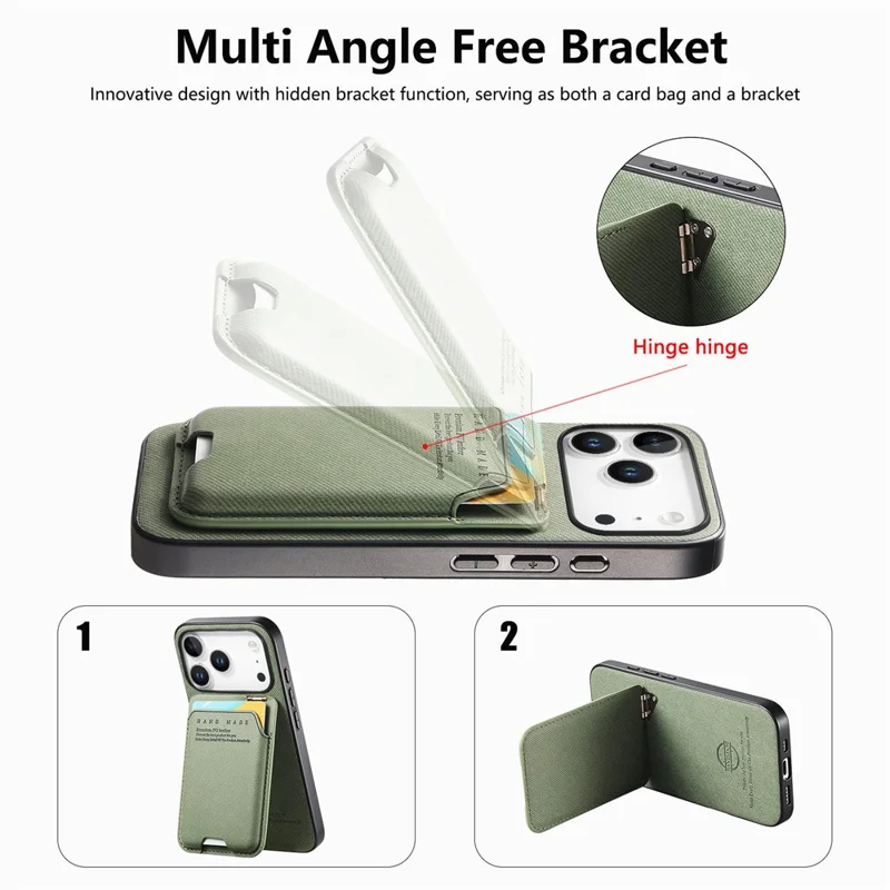 For iPhone 17 Pro Case Cloth Texture Leather + PC + TPU Phone Cover with Card Holder Kickstand - Green