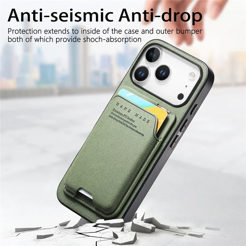 For iPhone 17 Pro Case Cloth Texture Leather + PC + TPU Phone Cover with Card Holder Kickstand - Green