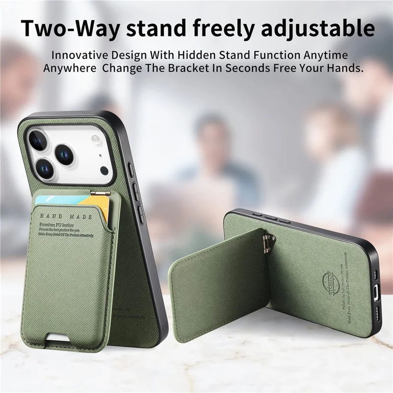 For iPhone 17 Pro Case Cloth Texture Leather + PC + TPU Phone Cover with Card Holder Kickstand - Green