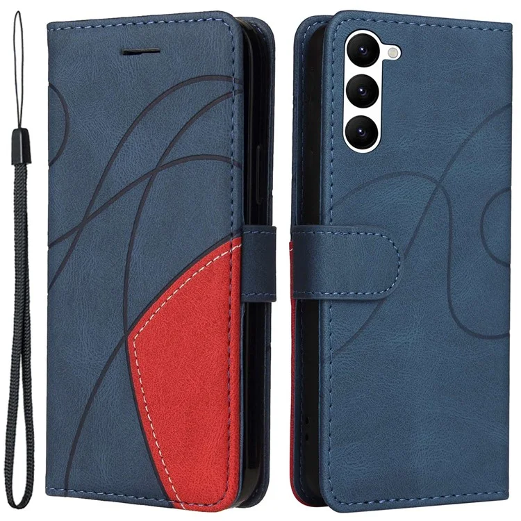 KT Leather Series-1 Pour Samsung Galaxy S23 Bi-couleur Splicing PU Cuir Portefeuille Téléphone Étui Vue Debout Anti-chute Couverture avec Sangle - Bleu