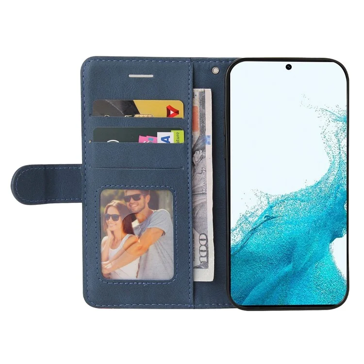 KT Leather Series-1 Pour Samsung Galaxy S23 Bi-couleur Splicing PU Cuir Portefeuille Téléphone Étui Vue Debout Anti-chute Couverture avec Sangle - Bleu