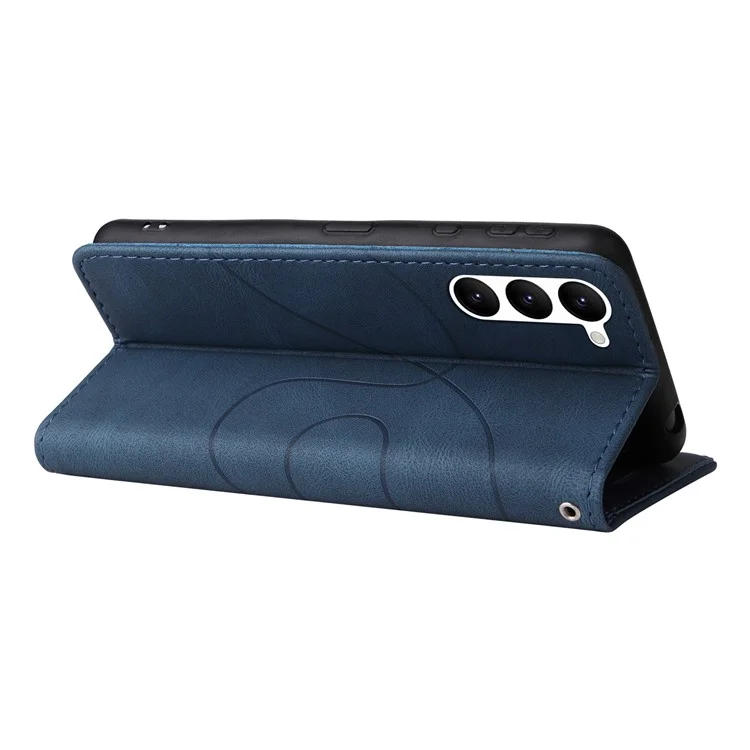 KT Leather Series-1 Pour Samsung Galaxy S23 Bi-couleur Splicing PU Cuir Portefeuille Téléphone Étui Vue Debout Anti-chute Couverture avec Sangle - Bleu