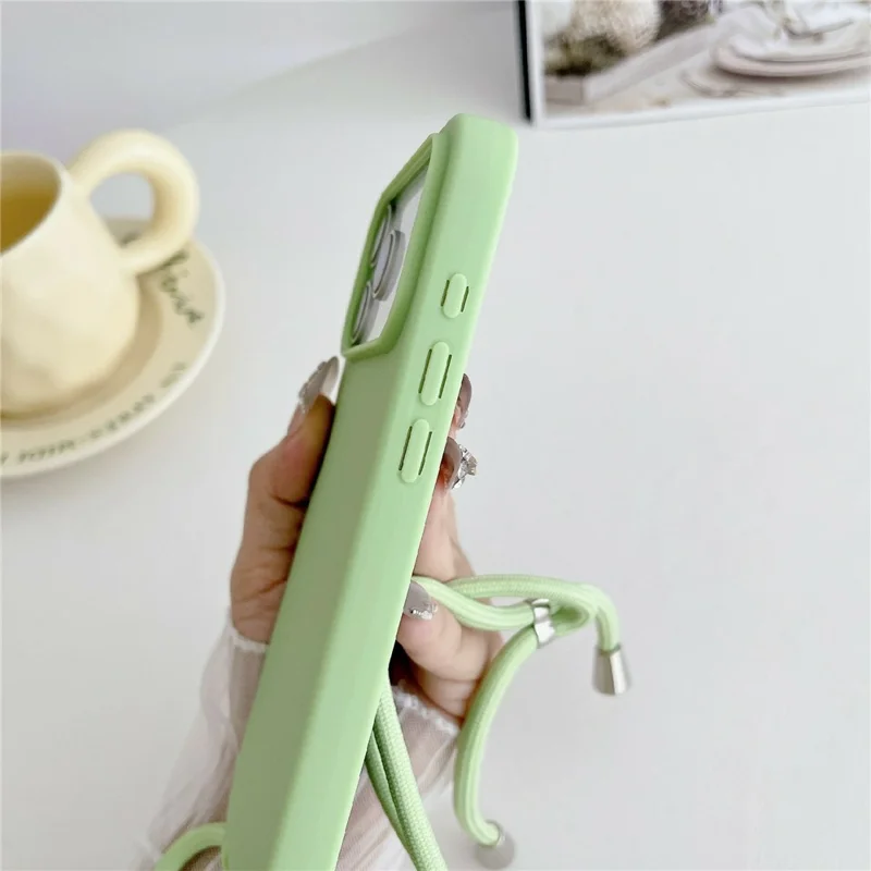 For iPhone 17 Pro Case Liquid Silicone Protective Phone Cover with Crossbody Lanyard - Light Green