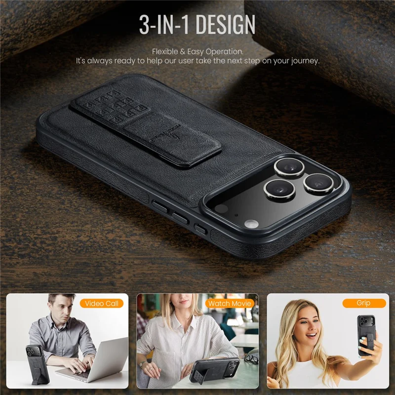 FIERRE SHANN For iPhone 17 Pro Case Kickstand Leather Slim Back Cover - Black