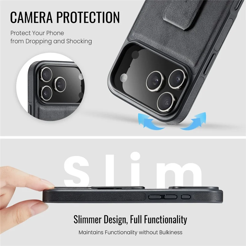 FIERRE SHANN For iPhone 17 Pro Case Kickstand Leather Slim Back Cover - Black