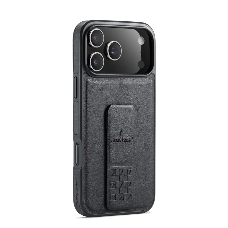 FIERRE SHANN For iPhone 17 Pro Case Kickstand Leather Slim Back Cover - Black