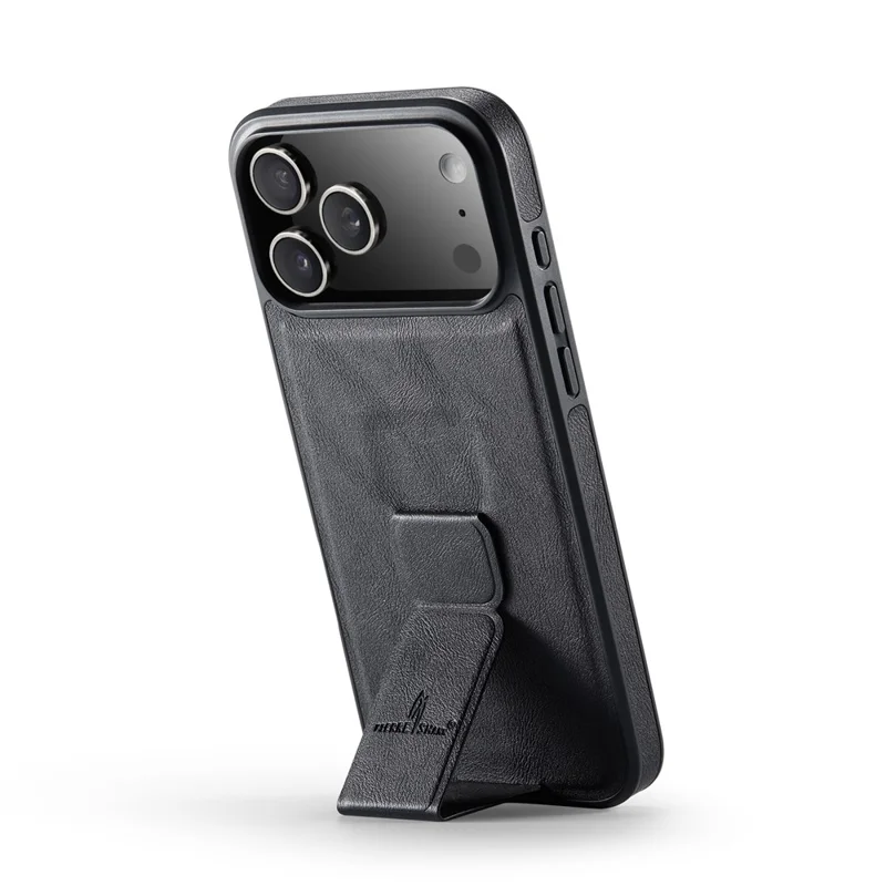 FIERRE SHANN For iPhone 17 Pro Case Kickstand Leather Slim Back Cover - Black