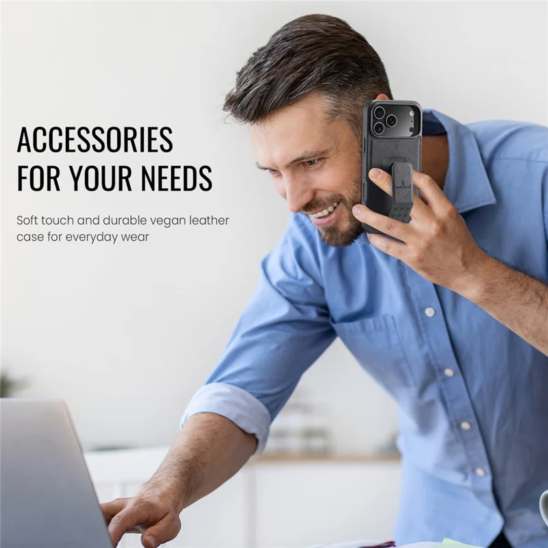 FIERRE SHANN For iPhone 17 Pro Case Kickstand Leather Slim Back Cover - Black