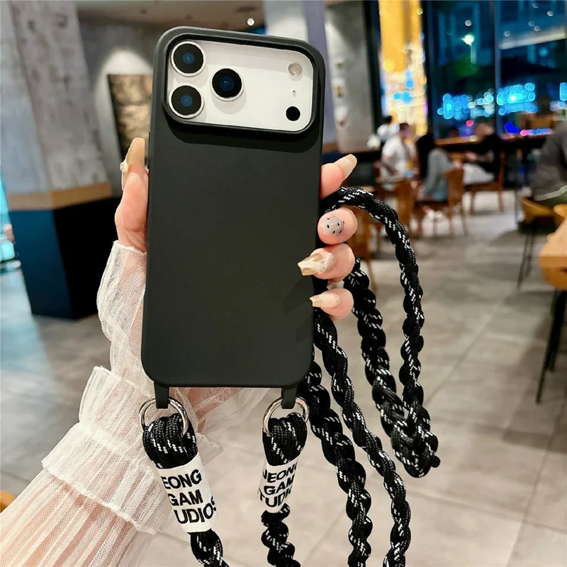 For iPhone 17 Pro Case TPU Phone Back Cover with Woven Crossbody Lanyard - Black