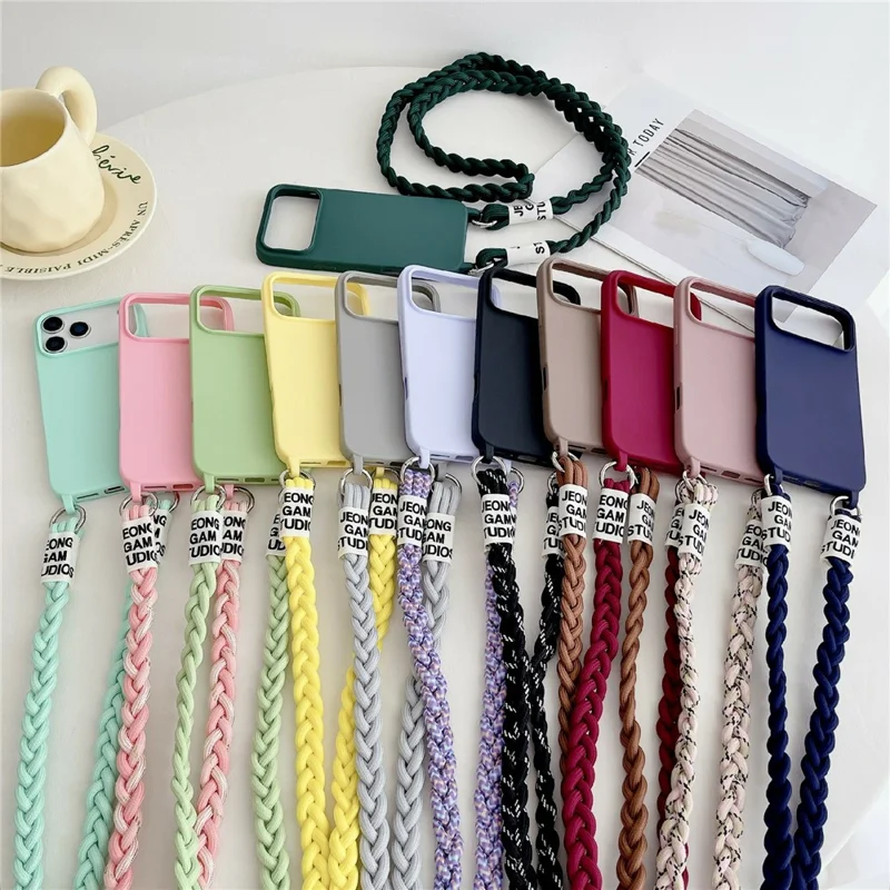 For iPhone 17 Pro Max Case TPU Phone Back Cover with Woven Crossbody Lanyard - Black