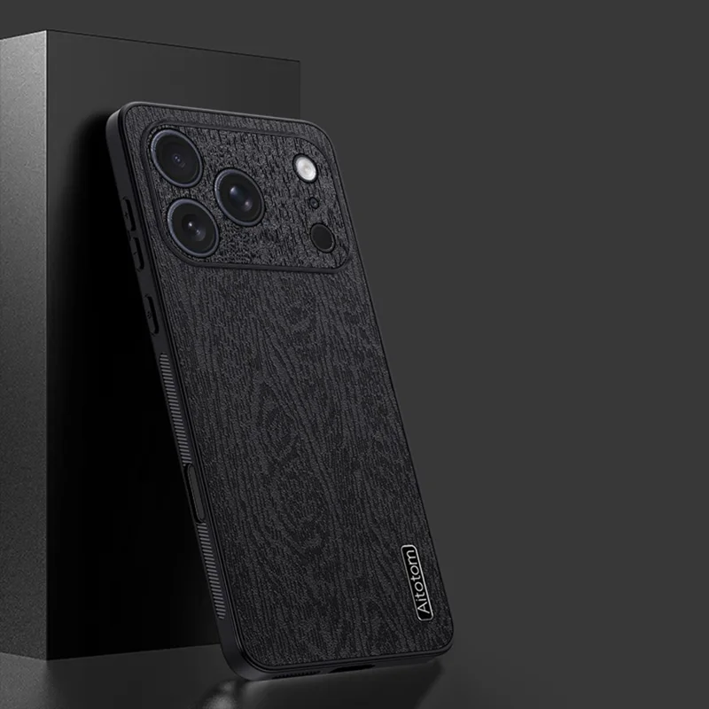 For iPhone 17 Pro Max Case Wood Texture PU Leather Coated PC TPU Phone Cover - Black