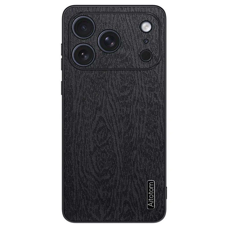 For iPhone 17 Pro Case Wood Texture PU Leather Coated PC TPU Phone Cover - Black