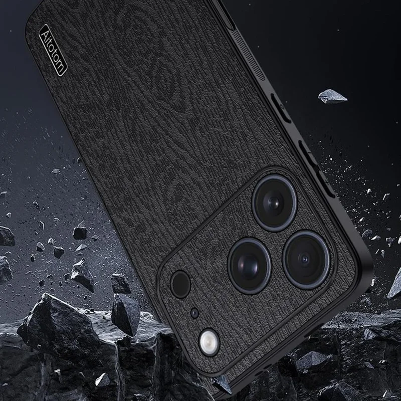 For iPhone 17 Pro Case Wood Texture PU Leather Coated PC TPU Phone Cover - Black