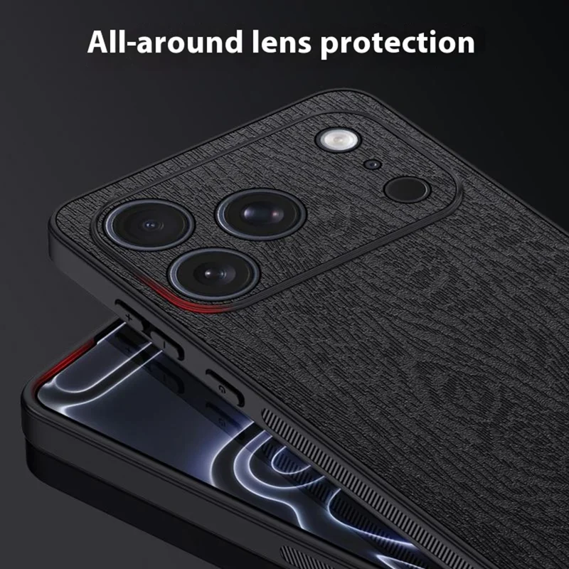 For iPhone 17 Pro Case Wood Texture PU Leather Coated PC TPU Phone Cover - Black