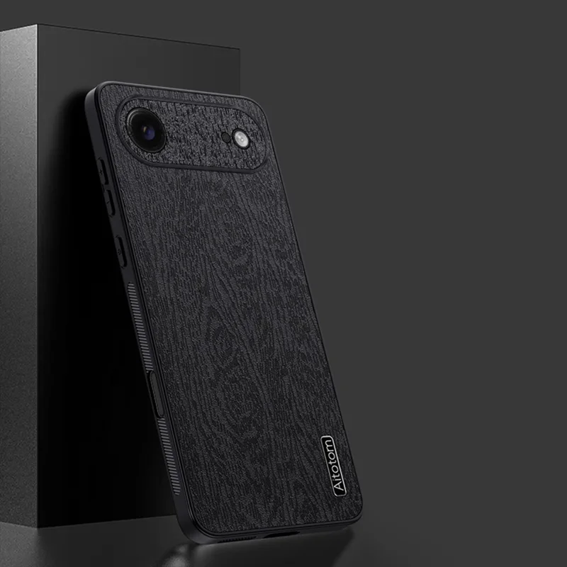 For iPhone Air Case Wood Texture PU Leather Coated PC TPU Phone Cover - Black