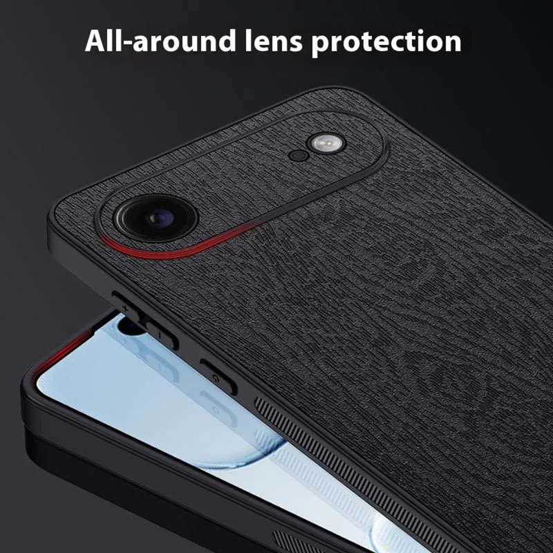 For iPhone Air Case Wood Texture PU Leather Coated PC TPU Phone Cover - Black