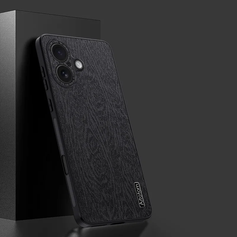 For iPhone 17 Case Wood Texture PU Leather Coated PC TPU Phone Cover - Black