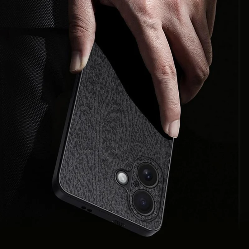 For iPhone 17 Case Wood Texture PU Leather Coated PC TPU Phone Cover - Black