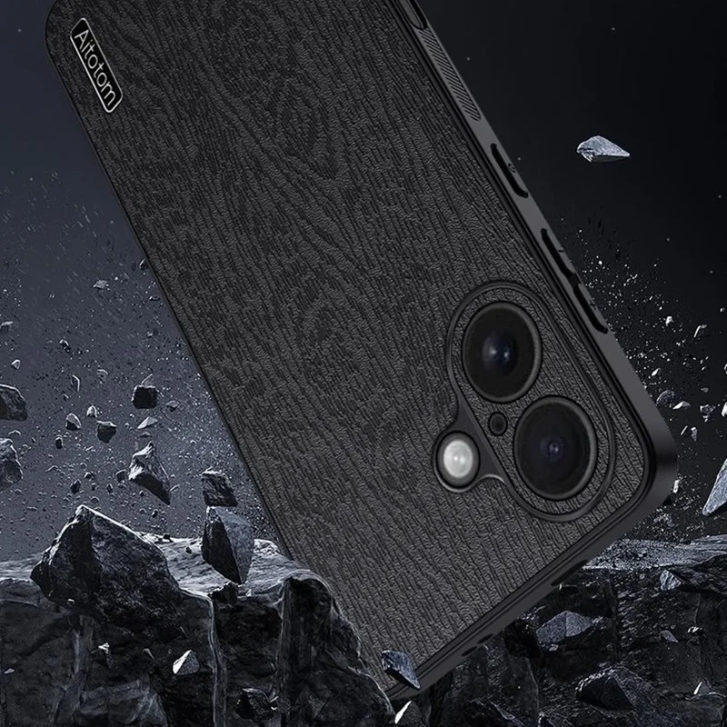 For iPhone 17 Case Wood Texture PU Leather Coated PC TPU Phone Cover - Black