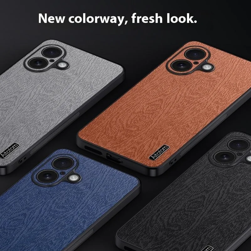 For iPhone 17 Case Wood Texture PU Leather Coated PC TPU Phone Cover - Black