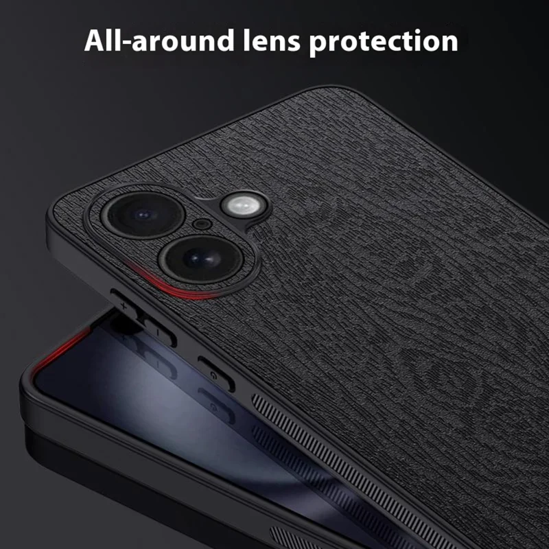 For iPhone 17 Case Wood Texture PU Leather Coated PC TPU Phone Cover - Black