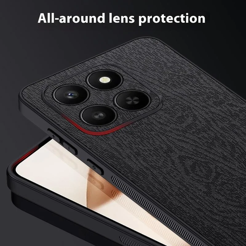 For Honor X7d 5G Case Wood Texture PU Leather Coated PC TPU Phone Cover - Black