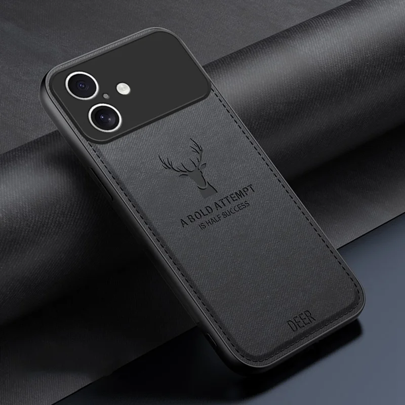For iPhone 17 Case Deer Pattern Cloth Texture PU + PC + TPU Phone Cover - Black
