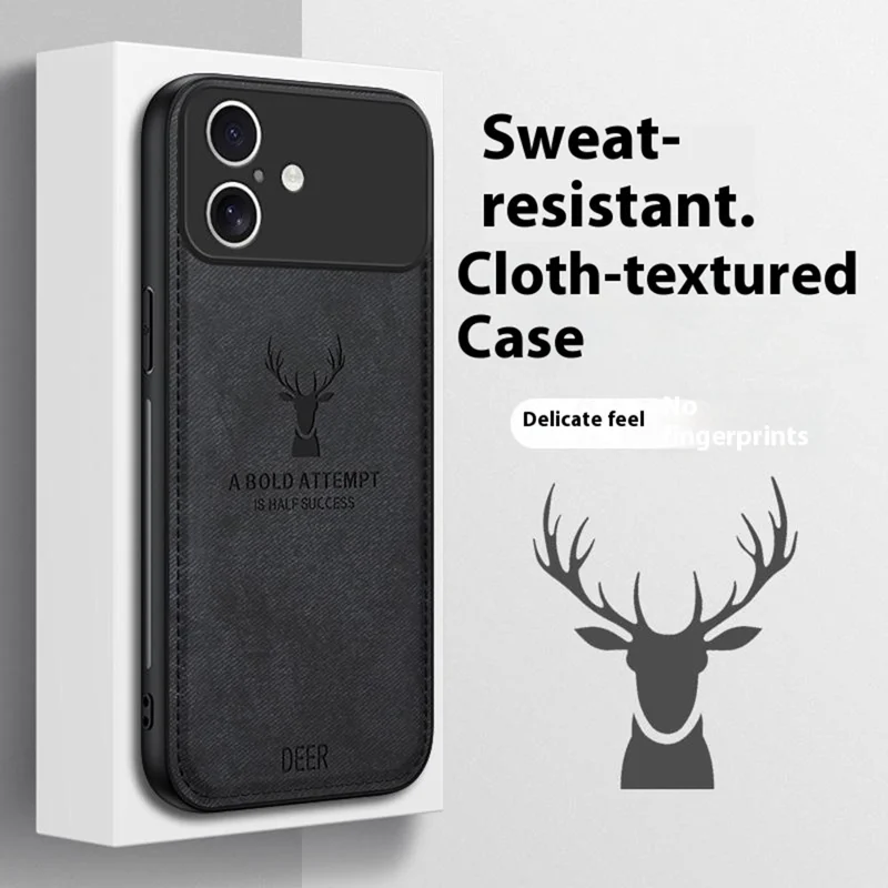 For iPhone 17 Case Deer Pattern Cloth Texture PU + PC + TPU Phone Cover - Black