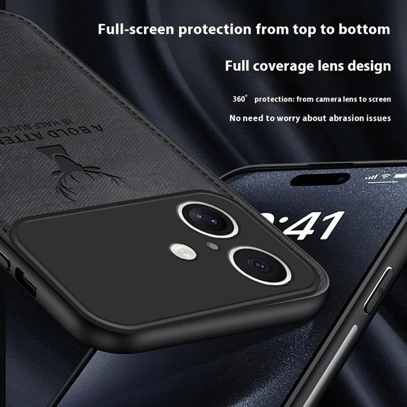 For iPhone 17 Case Deer Pattern Cloth Texture PU + PC + TPU Phone Cover - Black
