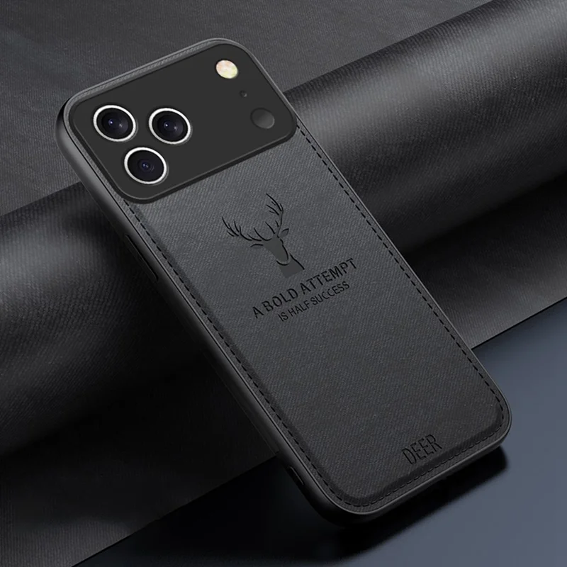 For iPhone 17 Pro Case Deer Pattern Cloth Texture PU + PC + TPU Phone Cover - Black