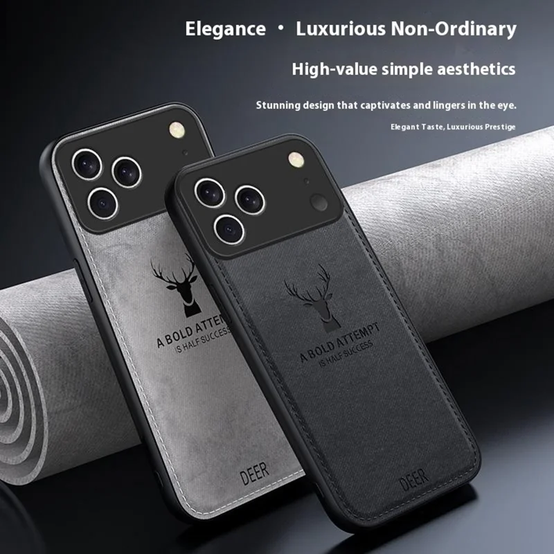 For iPhone 17 Pro Case Deer Pattern Cloth Texture PU + PC + TPU Phone Cover - Black