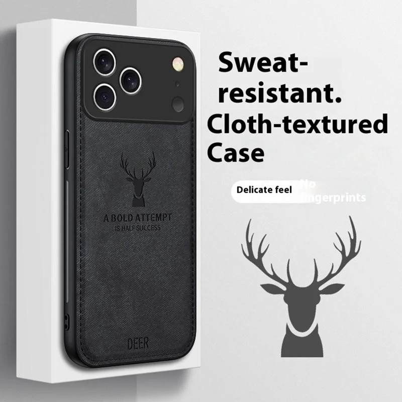 For iPhone 17 Pro Max Case Deer Pattern Cloth Texture PU + PC + TPU Phone Cover - Black