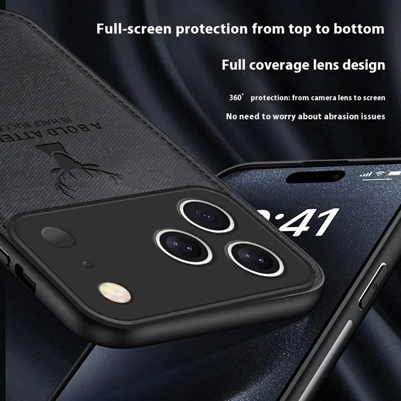 For iPhone 17 Pro Max Case Deer Pattern Cloth Texture PU + PC + TPU Phone Cover - Black