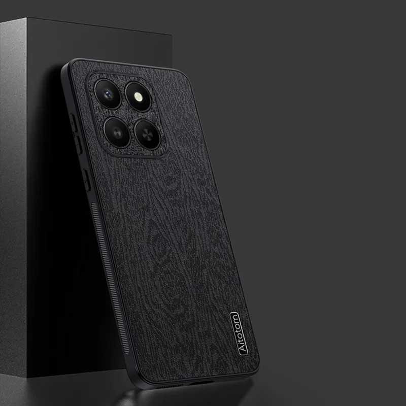 For Honor 400 Smart 5G / 4G / X7d 4G Case Wood Texture PU Leather Coated PC TPU Phone Cover - Black