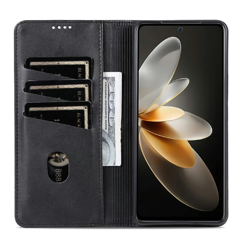 AZNS For vivo V60 5G Case Cowhide Texture PU Leather Wallet Phone Cover - Black